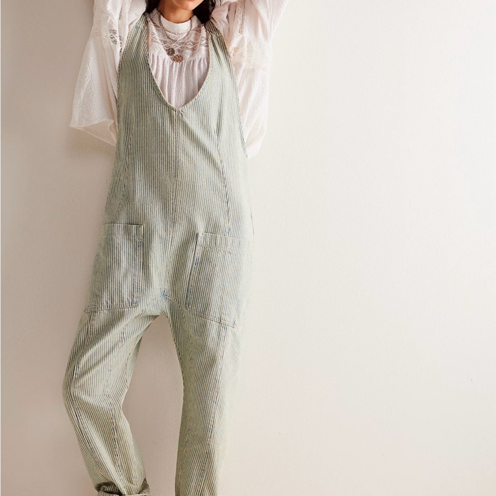 Free People ‘High Roller’ Railroad Blue & White Striped Jumpsuit Overalls -Small